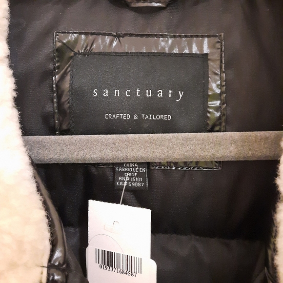 SANCTUARY Down Shearling Puffer High Shine Black Jacket Coat Sherpa Feather M - Picture 10 of 10